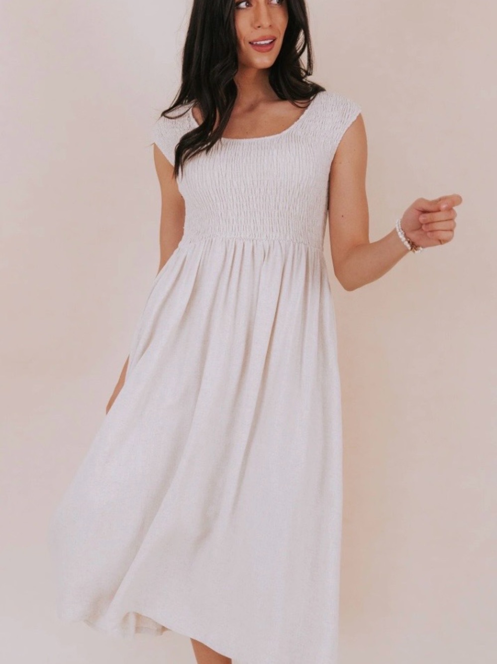Kaktus Smocked Bodice Midi Dress in White XL